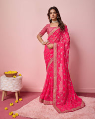 Exquisite Georgette Rani Pink Saree with Sequin Work and Mono Banglory Silk Blouse Colorful Saree