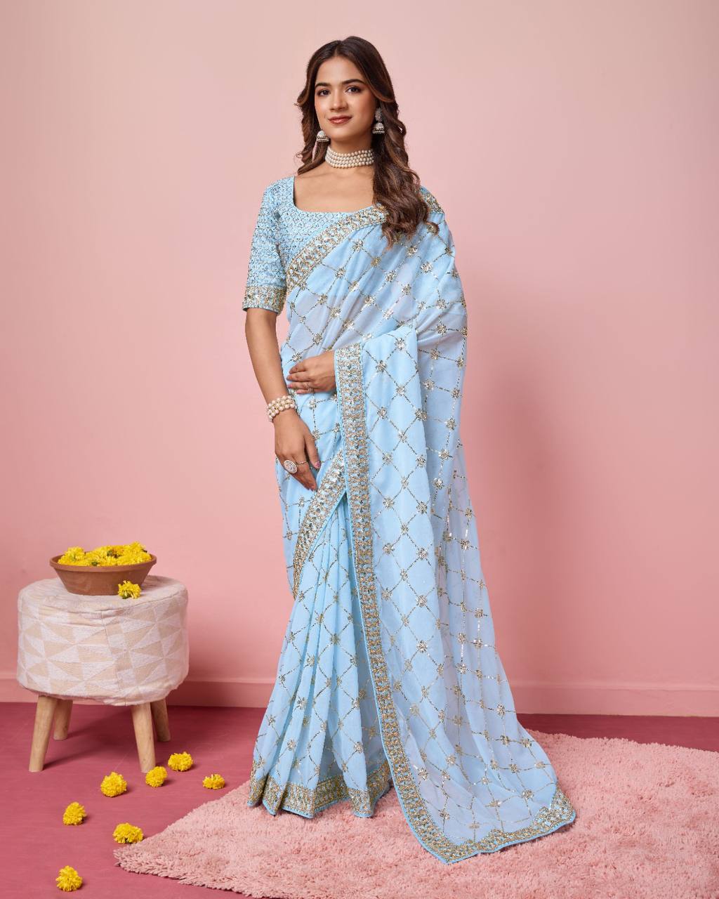 Exquisite Georgette Sky Blue Saree with Sequin Work and Mono Banglory Silk Blouse Colorful Saree