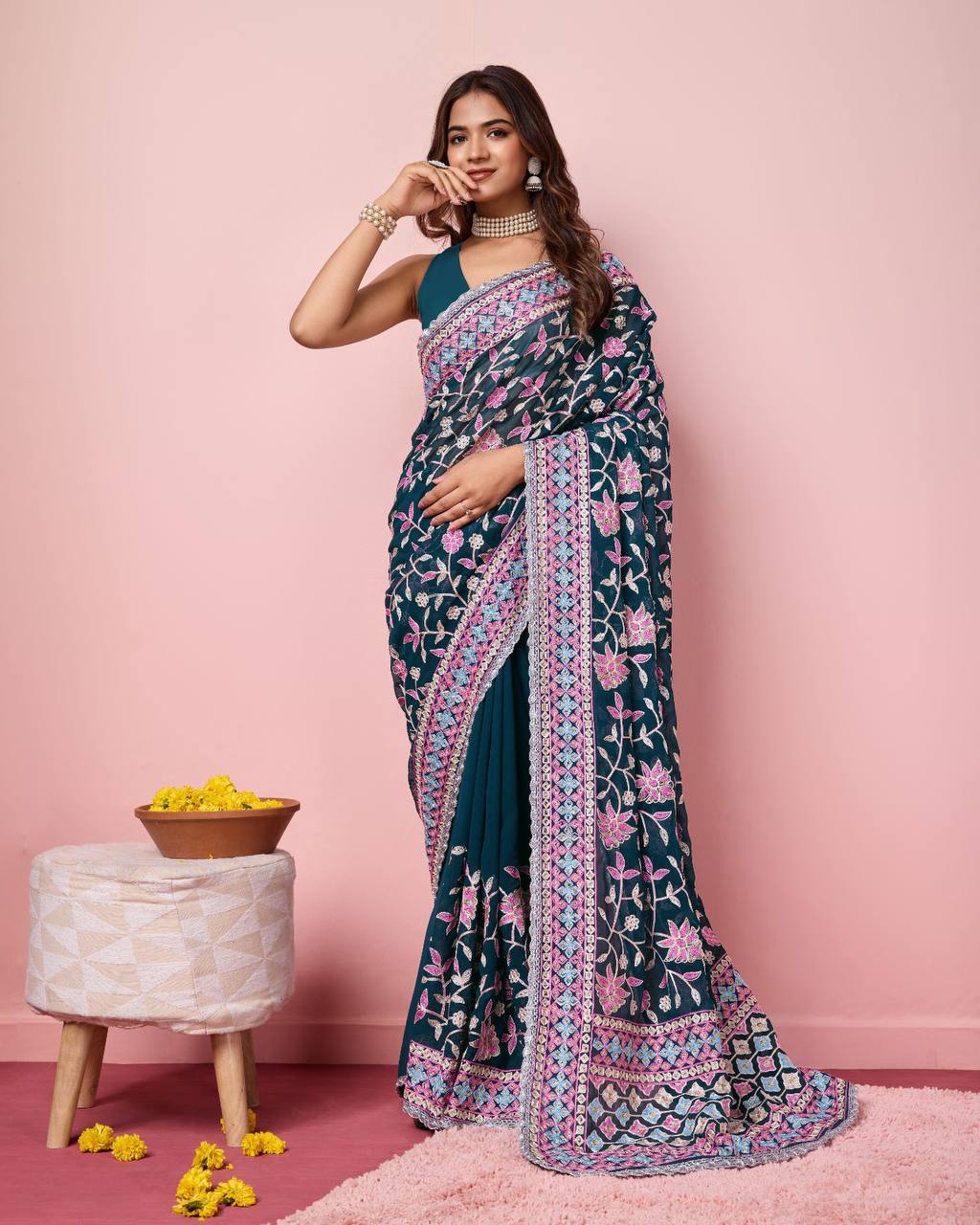 Exquisite Georgette Teal Blue Saree with Kashmiri Embroidery & Mono Banglory Silk Blouse Colorful Saree