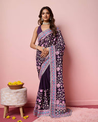 Exquisite Georgette Wine Saree with Kashmiri Embroidery & Mono Banglory Silk Blouse Colorful Saree