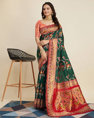 Exquisite Kanjivaram Silk Green Saree with Rich Zari Jacquard Work Colorful Saree