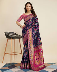 Exquisite Kanjivaram Silk Navy Blue Saree with Rich Zari Jacquard Work Colorful Saree