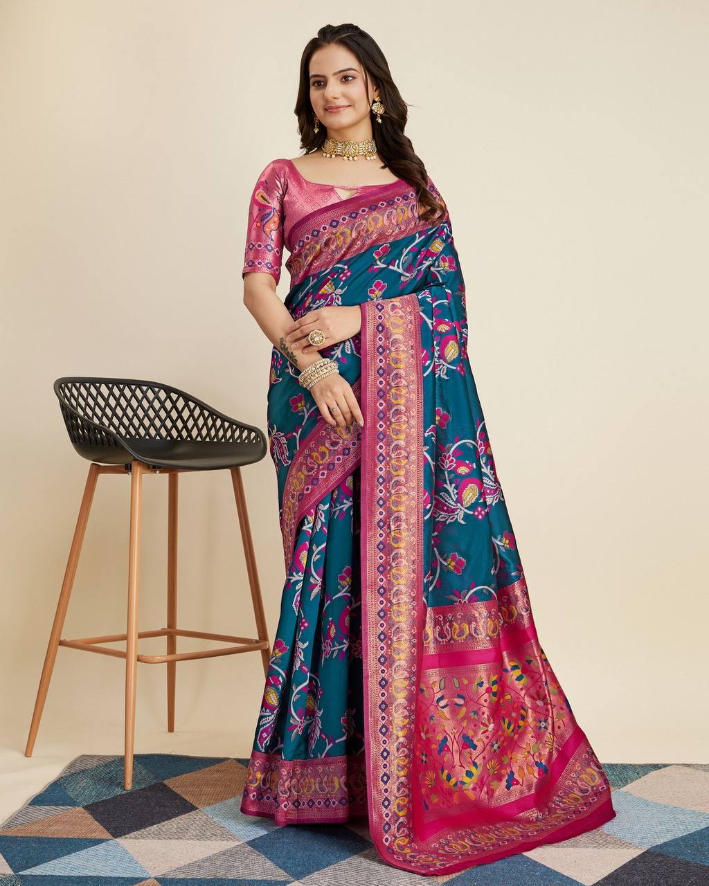 Exquisite Kanjivaram Silk Peacock Color Saree with Rich Zari Jacquard Work Colorful Saree