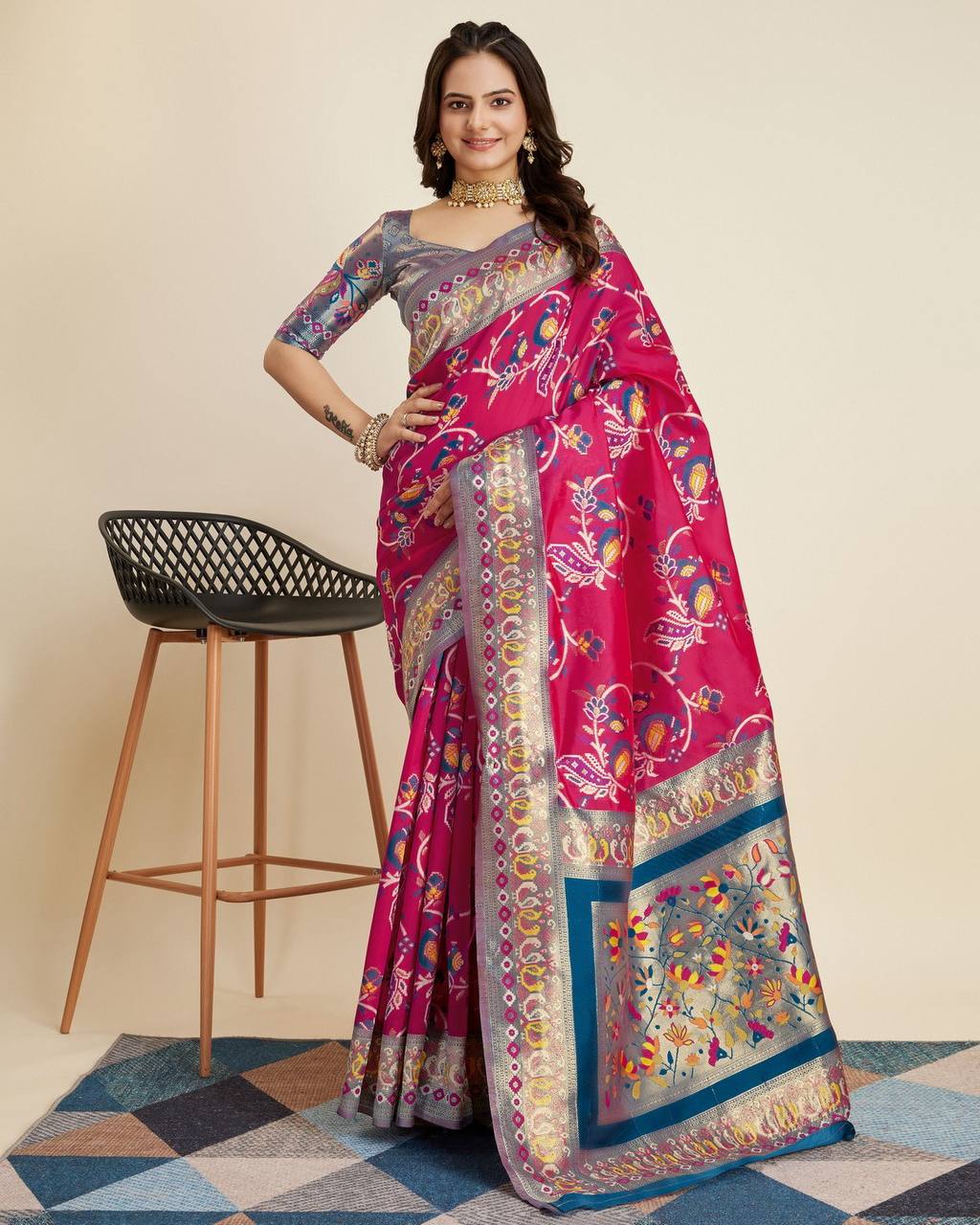 Exquisite Kanjivaram Silk Rani Pink Saree with Rich Zari Jacquard Work Colorful Saree