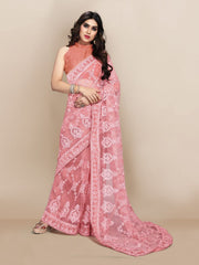 Exquisite Red and Green Embroidered Super Net Designer Baby Pink Saree with Piping Border Colorful Saree