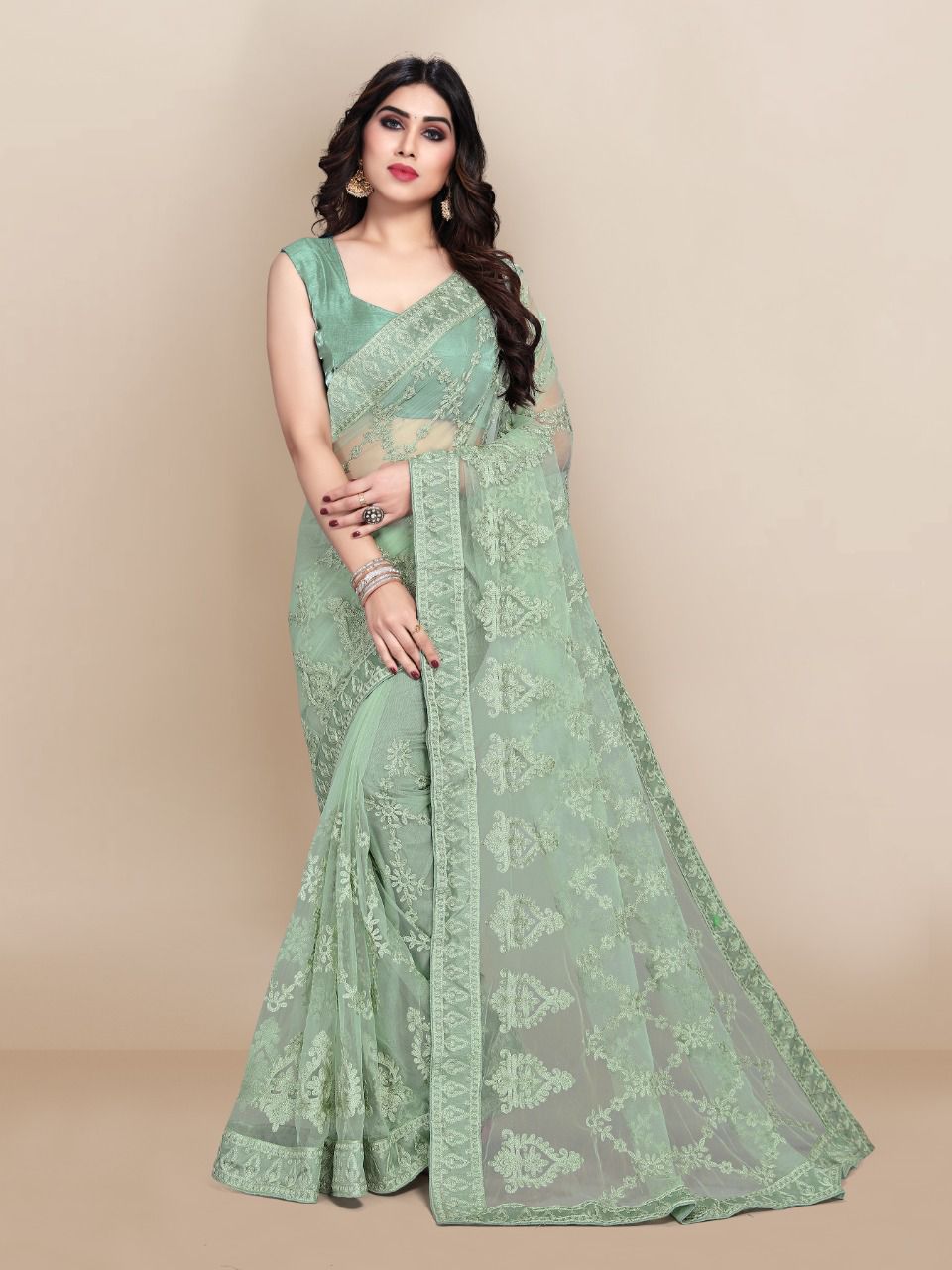 Exquisite Red and Green Embroidered Super Net Designer Light Green Saree with Piping Border Colorful Saree