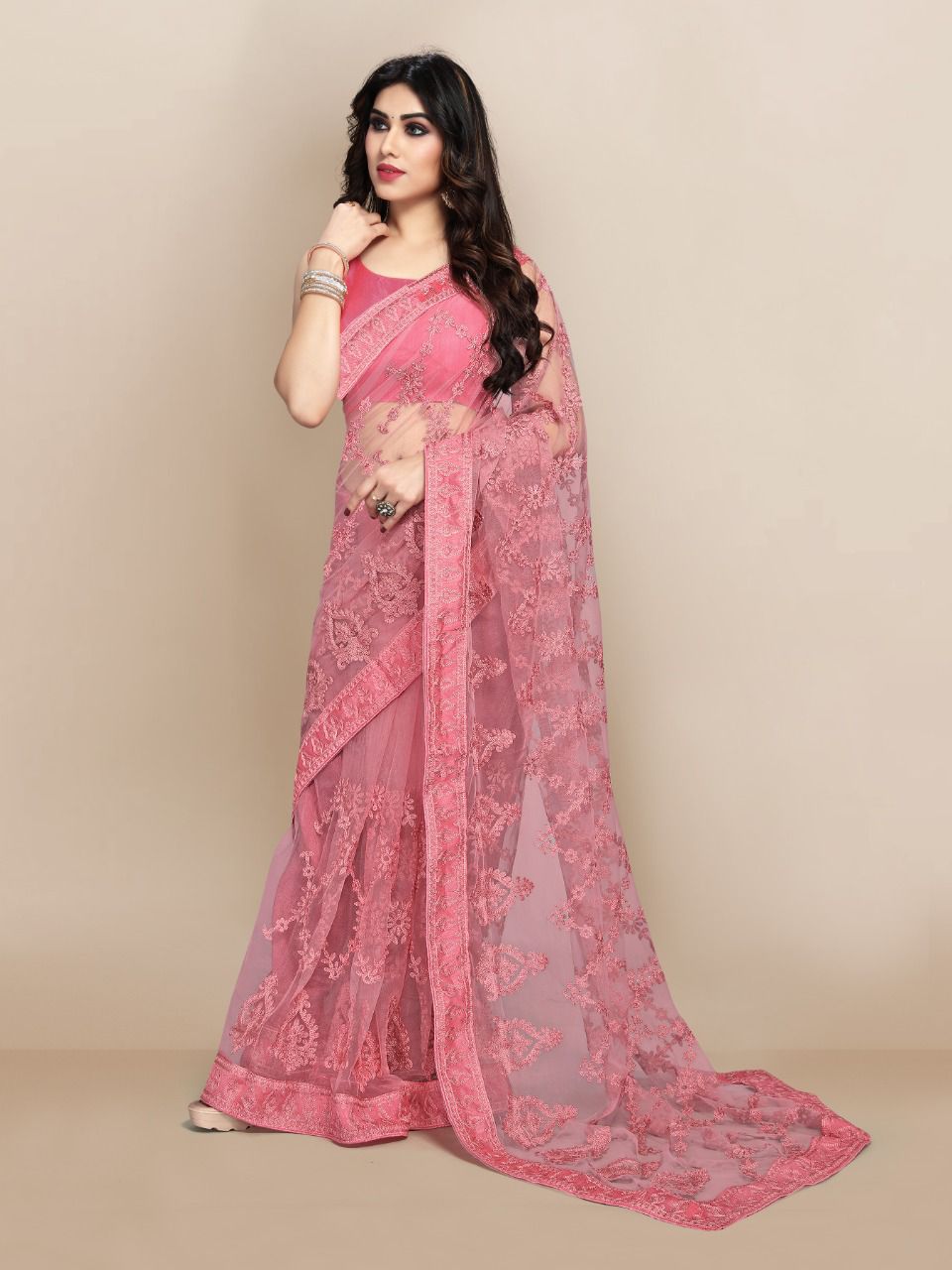 Exquisite Red and Green Embroidered Super Net Designer Pink Saree with Piping Border Colorful Saree