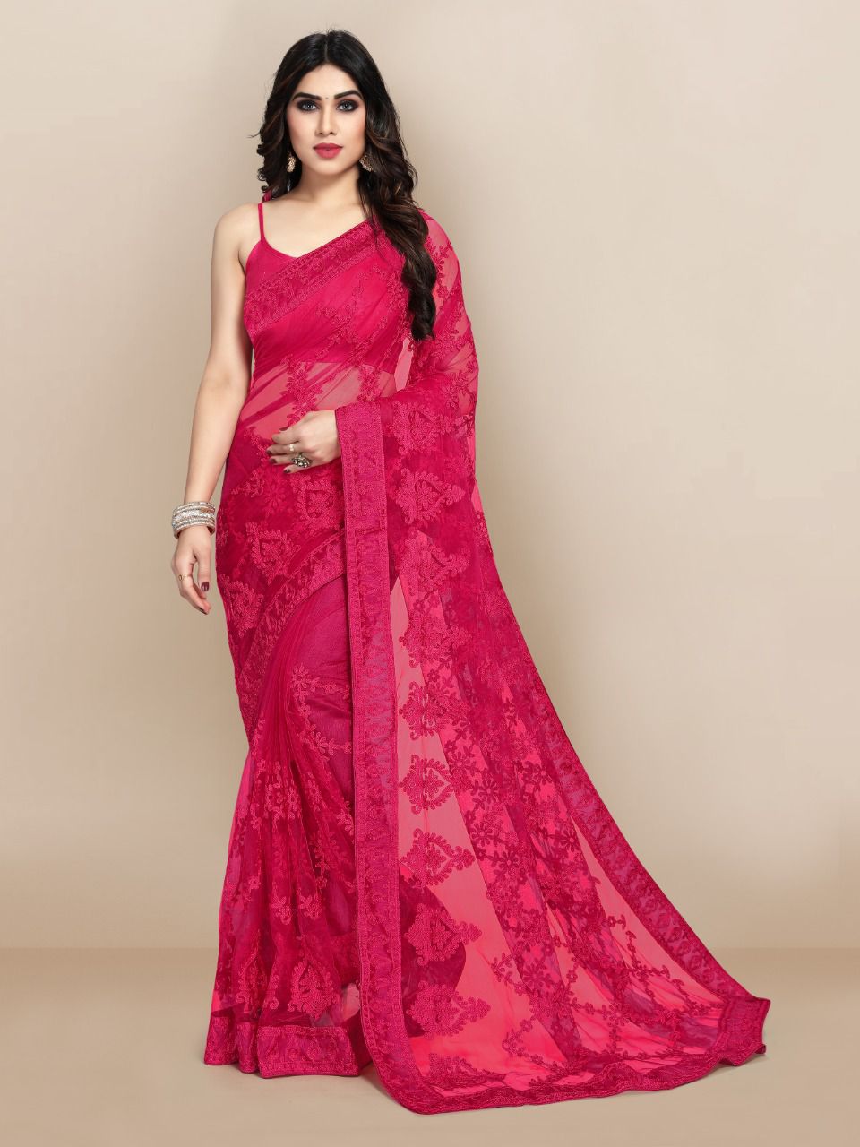 Exquisite Red and Green Embroidered Super Net Designer Rani Pink Saree with Piping Border Colorful Saree