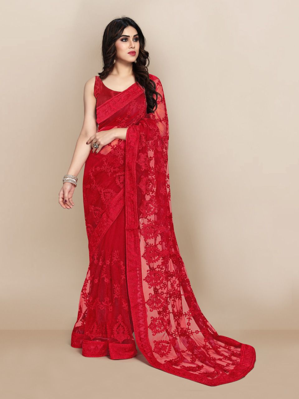 Exquisite Red and Green Embroidered Super Net Designer Red Saree with Piping Border Colorful Saree