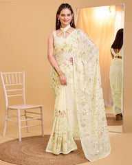 Exquisite Sequined Taby Organza Silk Designer Cream Saree Colorful Saree