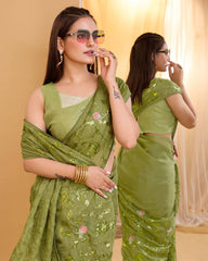 Exquisite Sequined Taby Organza Silk Designer Green Saree Colorful Saree