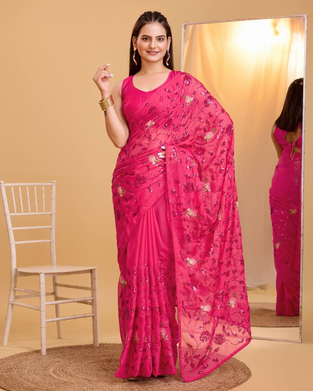 Exquisite Sequined Taby Organza Silk Designer Rani Pink Saree Colorful Saree