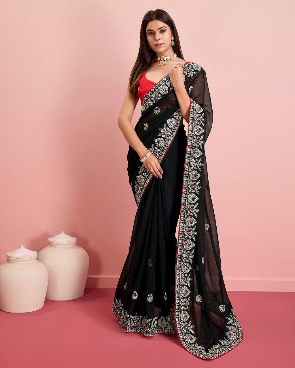 Exquisite Soft Fox Georgette Black Saree with Embroidery & Cut Work Border Colorful Saree