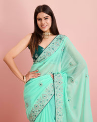 Exquisite Soft Fox Georgette Firoji Color Saree with Embroidery & Cut Work Border Colorful Saree