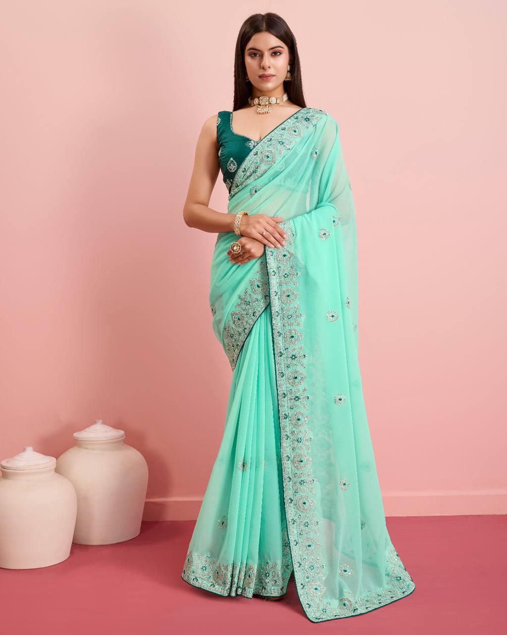 Exquisite Soft Fox Georgette Firoji Color Saree with Embroidery & Cut Work Border Colorful Saree