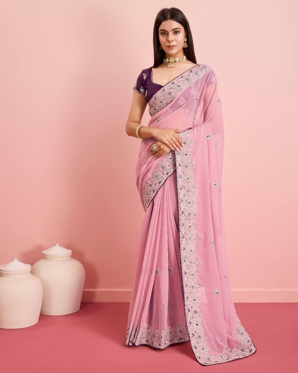 Exquisite Soft Fox Georgette Peach Saree with Embroidery & Cut Work Border Colorful Saree