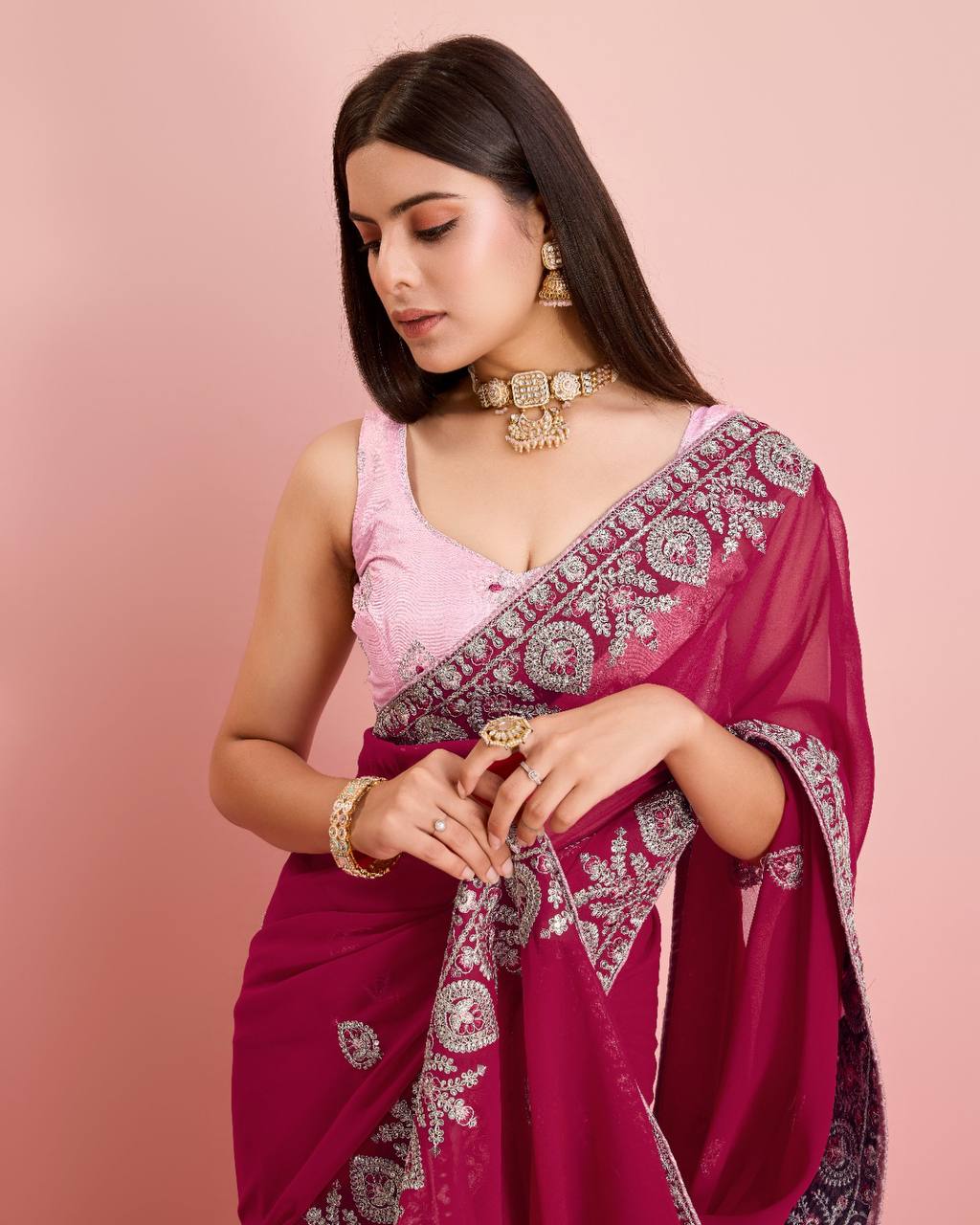 Exquisite Soft Fox Georgette Rani Pink Saree with Embroidery & Cut Work Border Colorful Saree