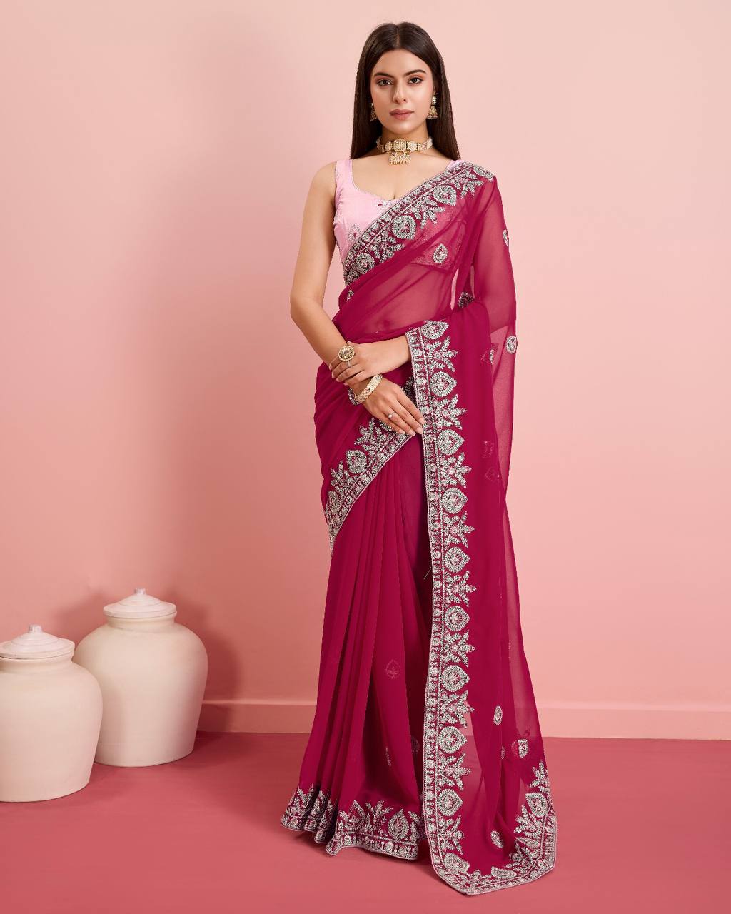 Exquisite Soft Fox Georgette Rani Pink Saree with Embroidery & Cut Work Border Colorful Saree