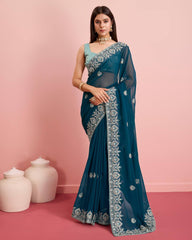 Exquisite Soft Fox Georgette Teal Blue Saree with Embroidery & Cut Work Border Colorful Saree