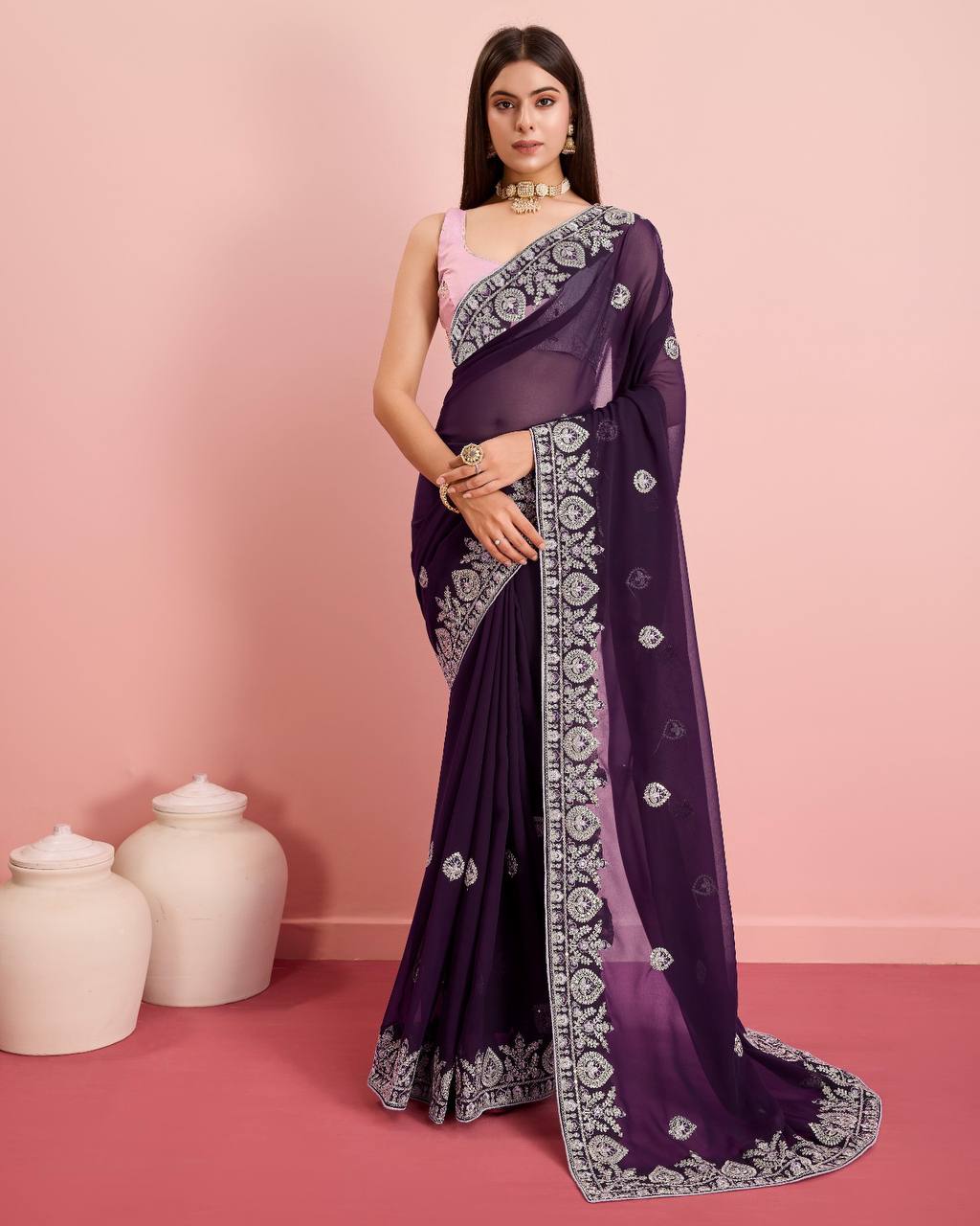 Exquisite Soft Fox Georgette Wine Saree with Embroidery & Cut Work Border Colorful Saree