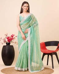 Exquisite Soft Gold Net Firoji Color Saree with Multi Work Cut Border & Sequined Embroidery Colorful Saree