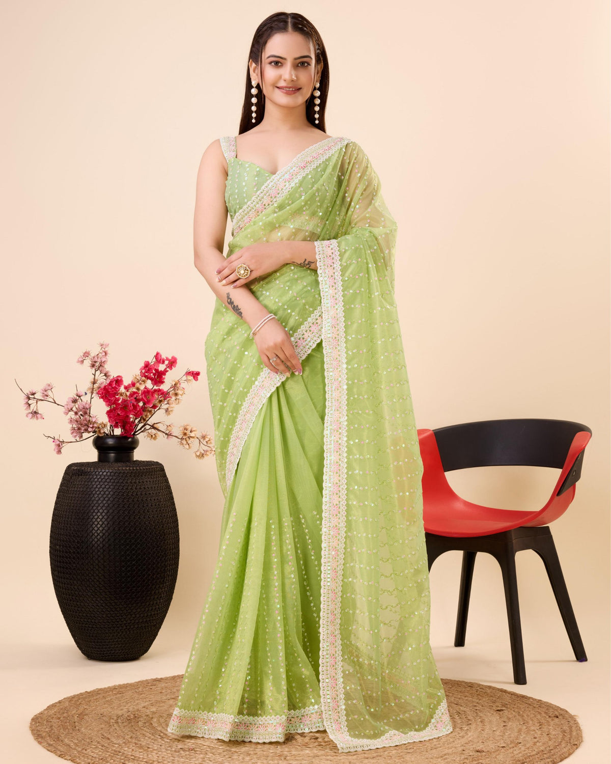 Exquisite Soft Gold Net Green Saree with Multi Work Cut Border & Sequined Embroidery Colorful Saree