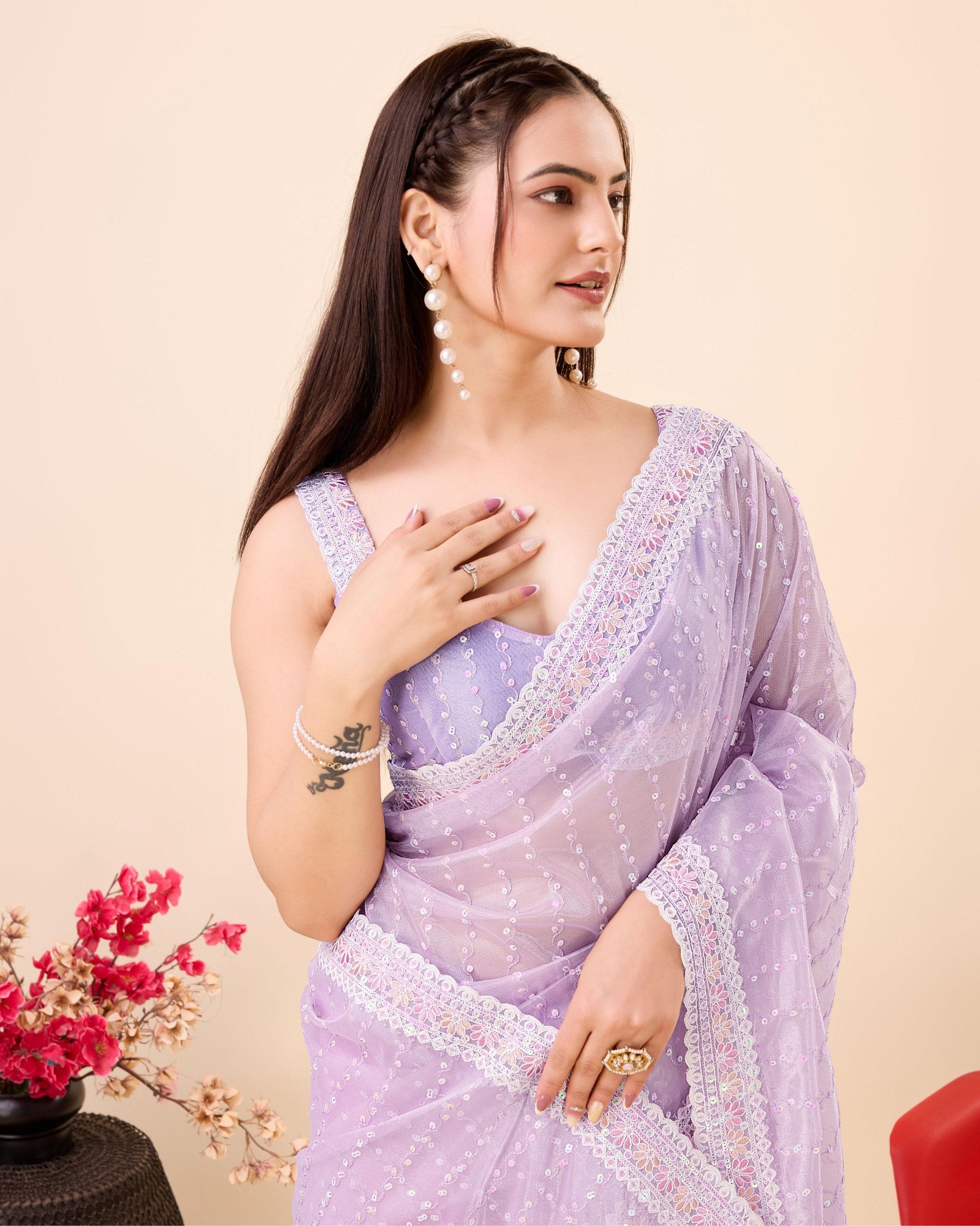 Exquisite Soft Gold Net Lavender Saree with Multi Work Cut Border & Sequined Embroidery Colorful Saree