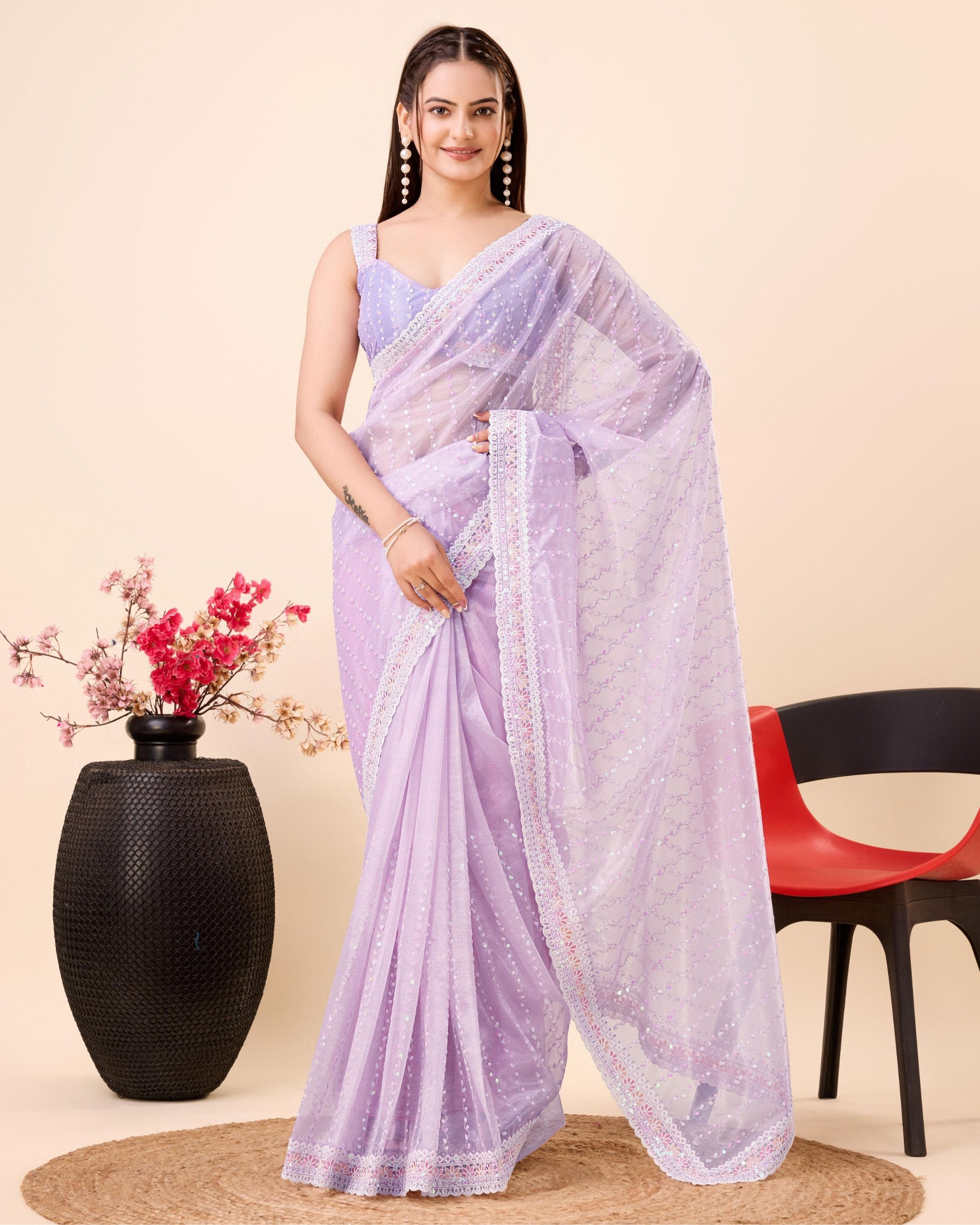 Exquisite Soft Gold Net Lavender Saree with Multi Work Cut Border & Sequined Embroidery Colorful Saree