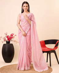 Exquisite Soft Gold Net Peach Saree with Multi Work Cut Border & Sequined Embroidery Colorful Saree