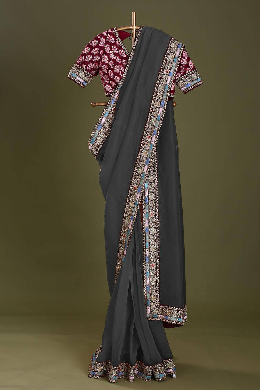 Exquisite Taby Organza Silk Black Saree with Embroidery and Sequins Colorful Saree