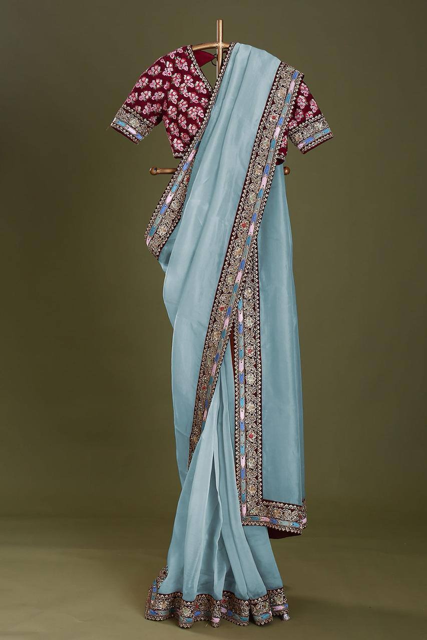 Exquisite Taby Organza Silk Firoji Color Saree with Embroidery and Sequins Colorful Saree