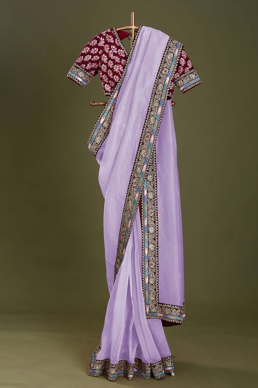 Exquisite Taby Organza Silk Lavender Saree with Embroidery and Sequins Colorful Saree