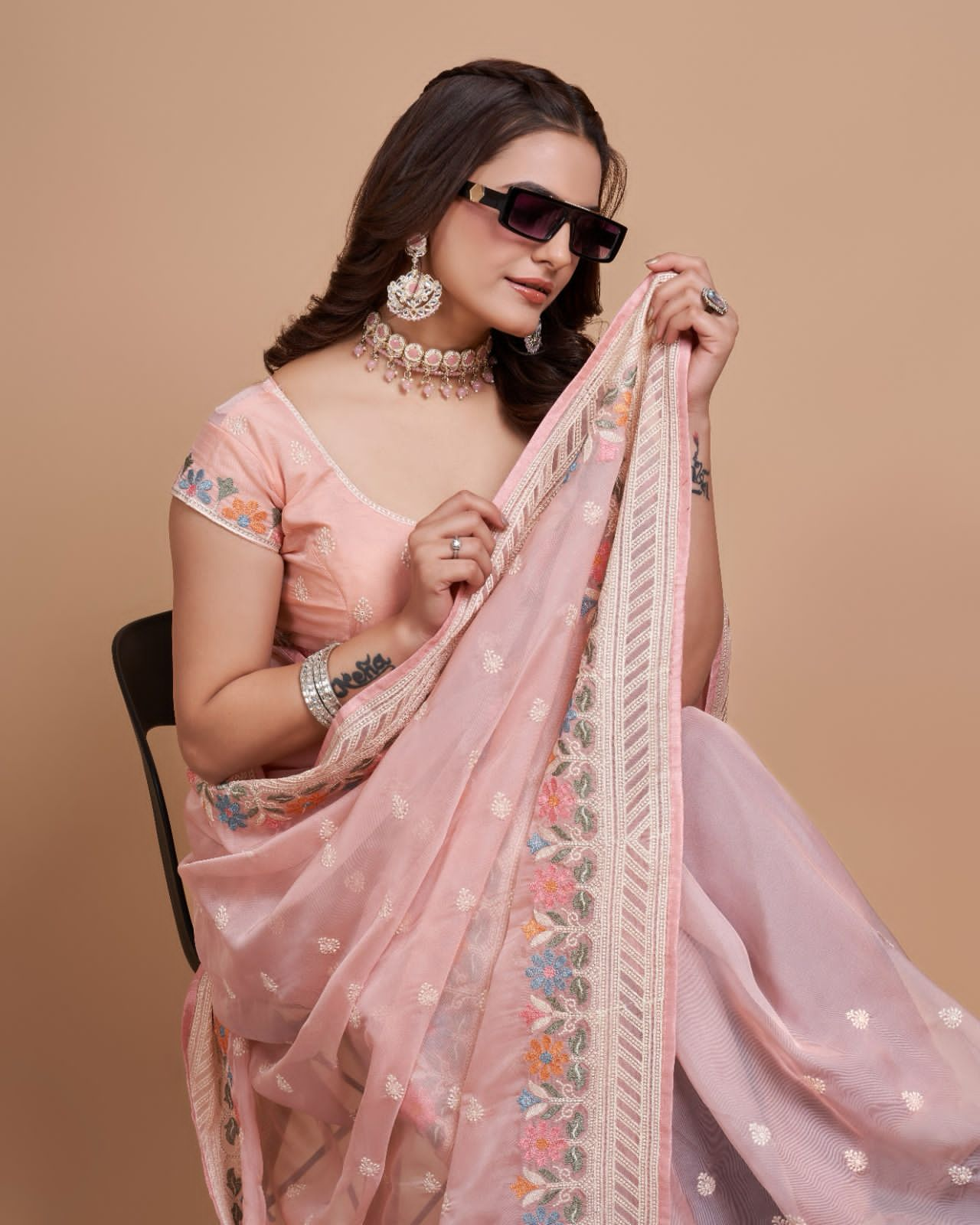 Exquisite Taby Silk Organza  Baby Pink Saree with  Embroidery - Perfect for Weddings Colorful Saree