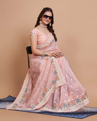 Exquisite Taby Silk Organza  Baby Pink Saree with  Embroidery - Perfect for Weddings Colorful Saree