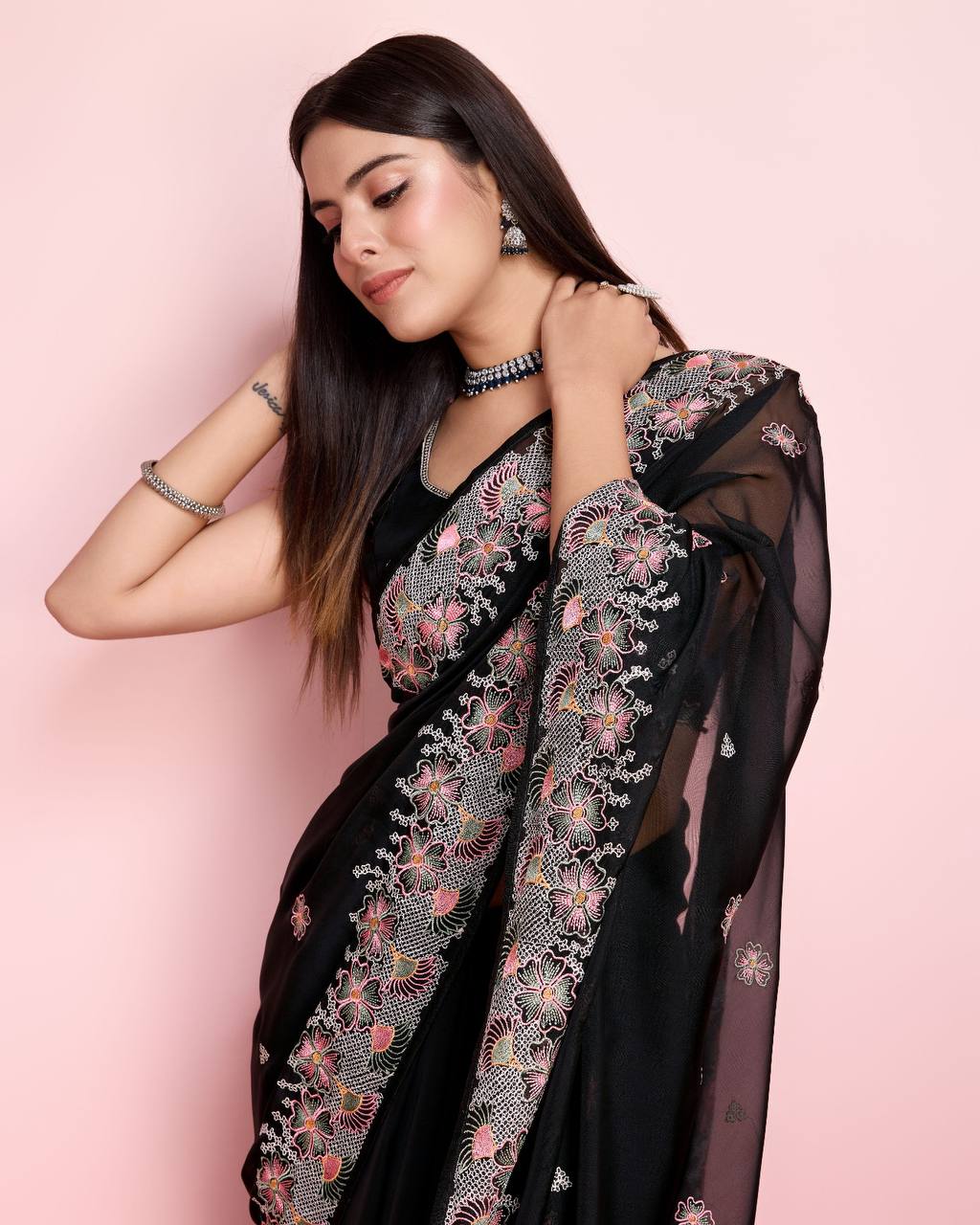 Exquisite Taby Silk Organza Black Saree with Embroidery Colorful Saree