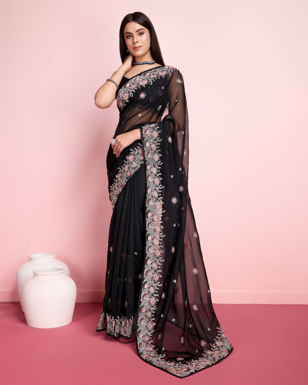 Exquisite Taby Silk Organza Black Saree with Embroidery Colorful Saree