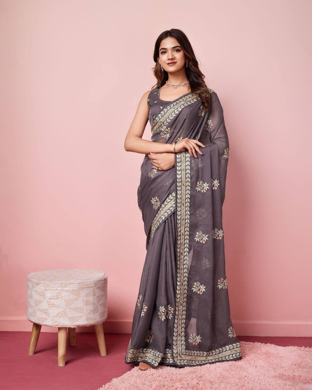 Exquisite Taby Silk Organza Grey Saree With Blouse Piece Colorful Saree