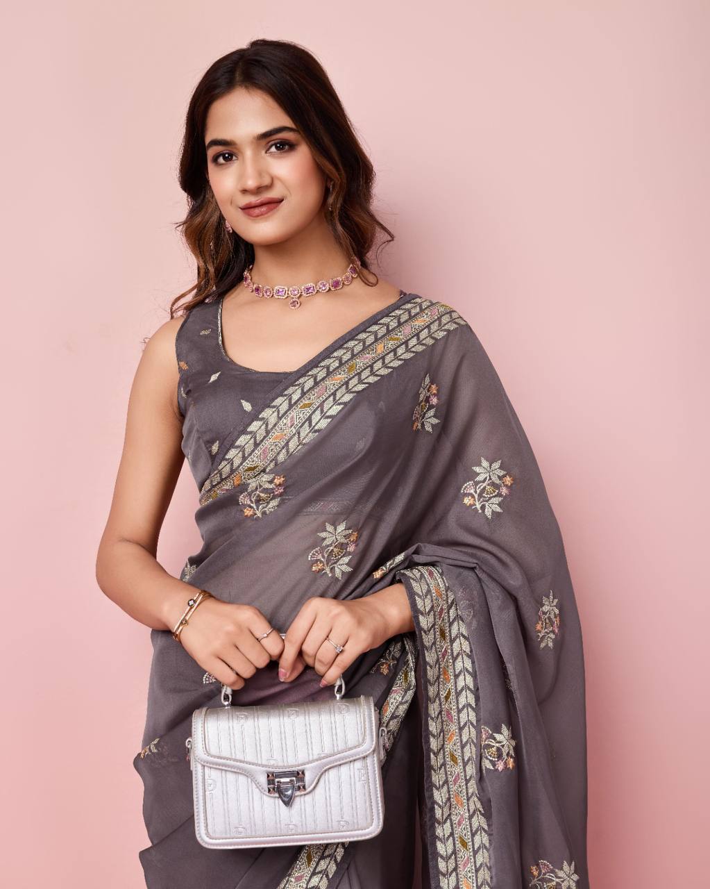 Exquisite Taby Silk Organza Grey Saree With Blouse Piece Colorful Saree