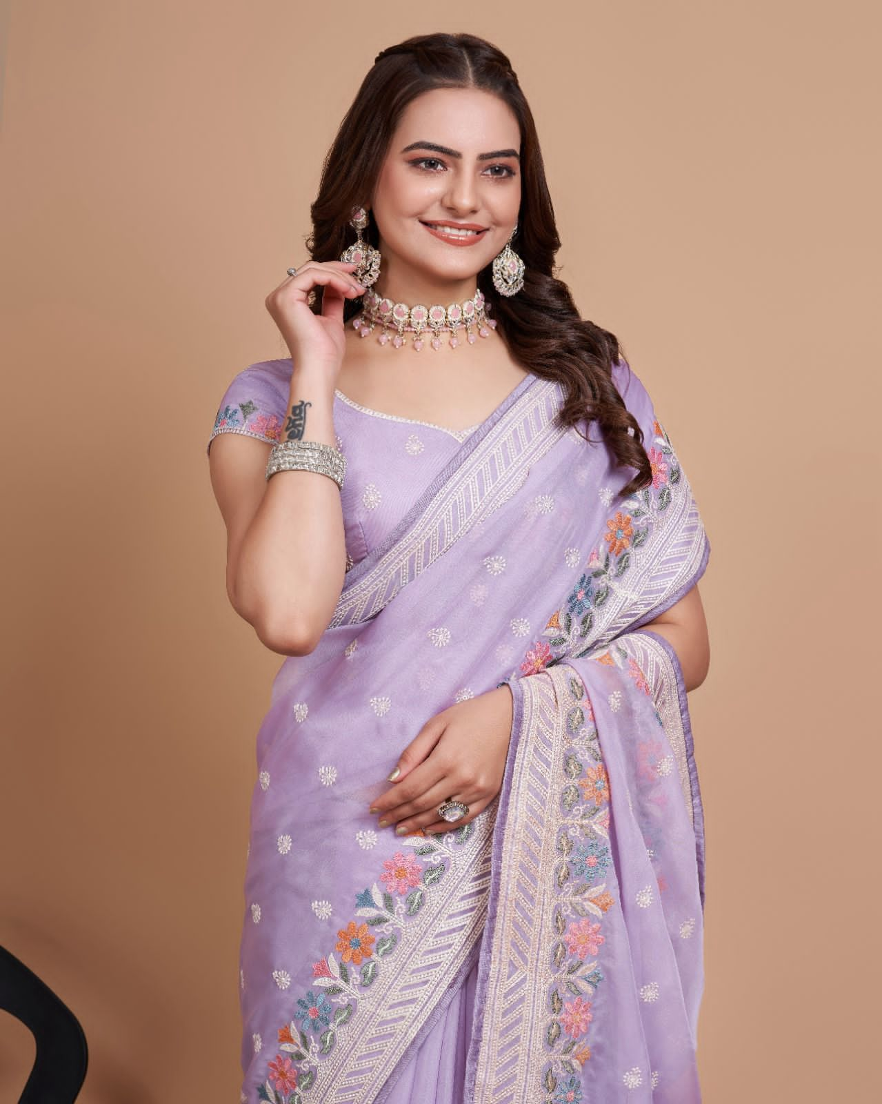 Exquisite Taby Silk Organza  Lavender Saree with  Embroidery - Perfect for Weddings Colorful Saree