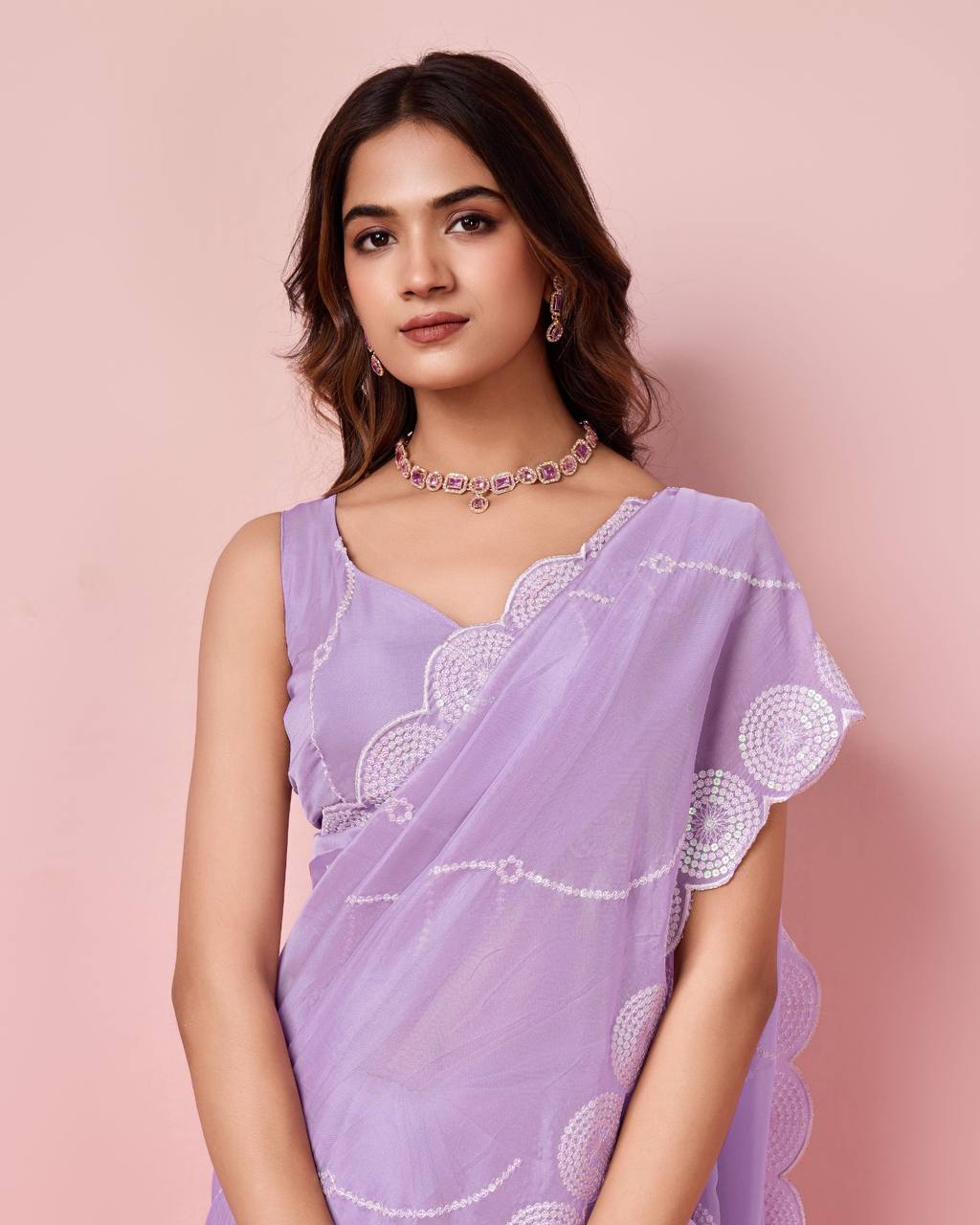 Exquisite Taby Silk Organza Lavender Saree with Embroidered Sequin Pallu & Blouse Colorful Saree