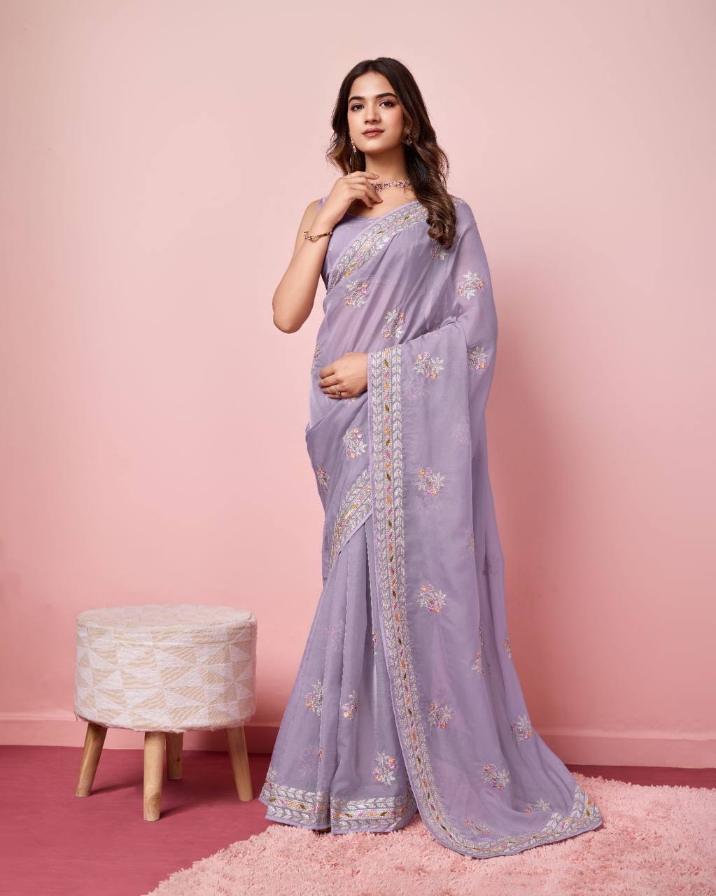 Exquisite Taby Silk Organza Lavender Saree With Blouse Piece Colorful Saree