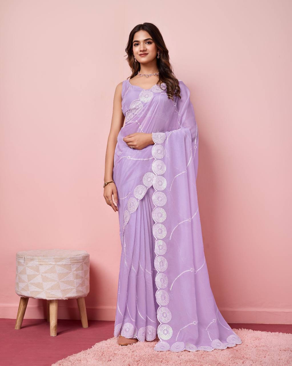 Exquisite Taby Silk Organza Lavender Saree with Embroidered Sequin Pallu & Blouse Colorful Saree