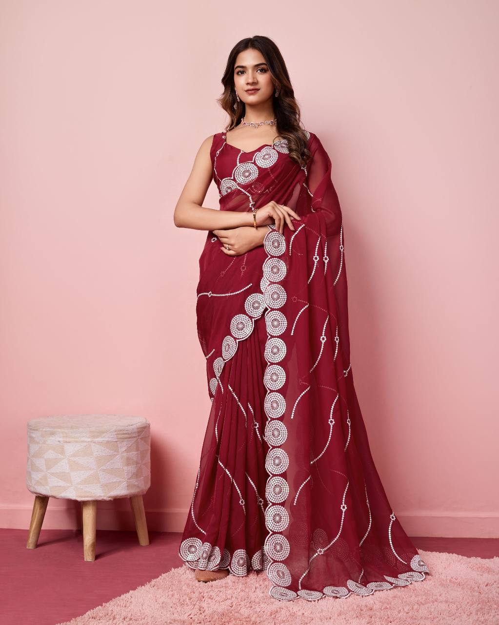 Exquisite Taby Silk Organza Maroon Saree with Embroidered Sequin Pallu & Blouse Colorful Saree