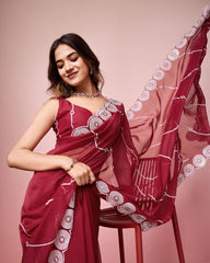 Exquisite Taby Silk Organza Maroon Saree with Embroidered Sequin Pallu & Blouse Colorful Saree