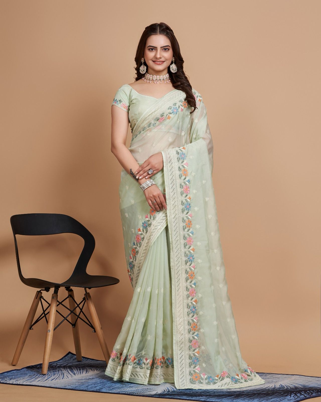 Exquisite Taby Silk Organza Mint Green  Saree with  Embroidery - Perfect for Weddings Colorful Saree