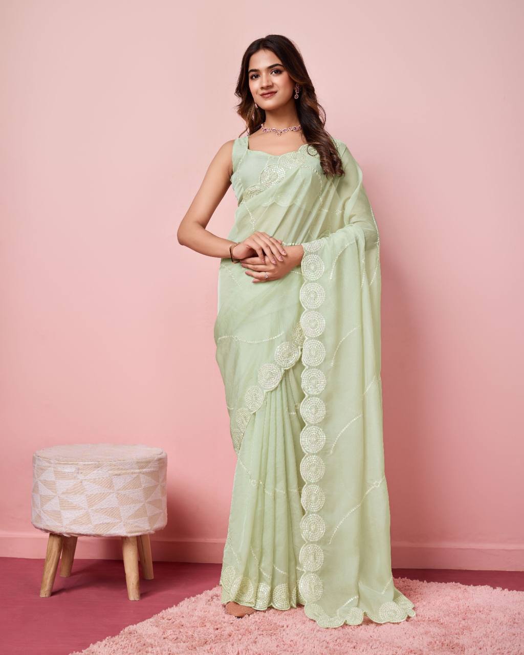 Exquisite Taby Silk Organza Mint Green Saree with Embroidered Sequin Pallu & Blouse Colorful Saree