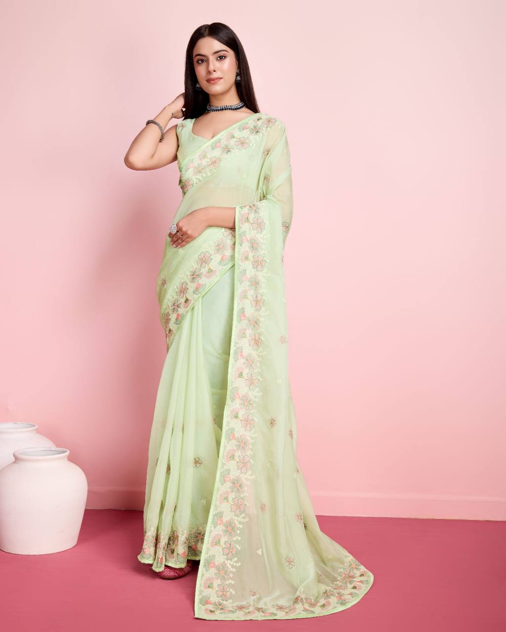 Exquisite Taby Silk Organza Mint Green Saree with Embroidery Colorful Saree