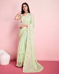 Exquisite Taby Silk Organza Mint Green Saree with Embroidery Colorful Saree