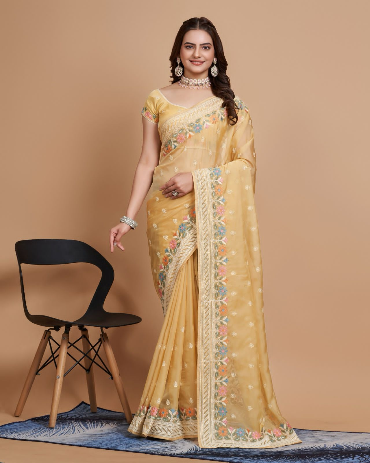 Exquisite Taby Silk Organza  Mustured Yellow Saree with  Embroidery - Perfect for Weddings Colorful Saree