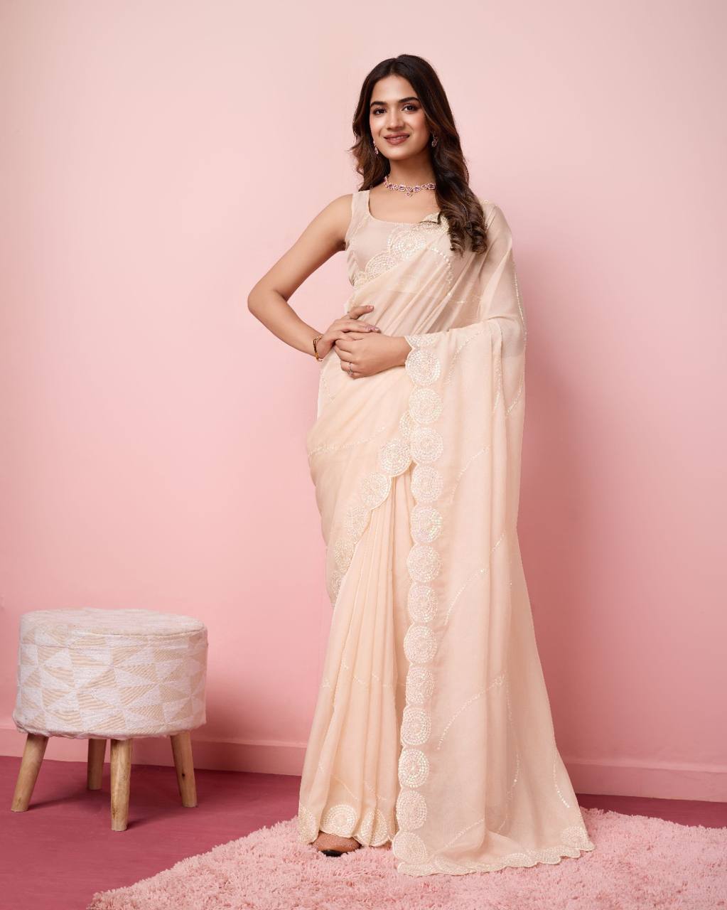 Exquisite Taby Silk Organza Off White Saree with Embroidered Sequin Pallu & Blouse Colorful Saree